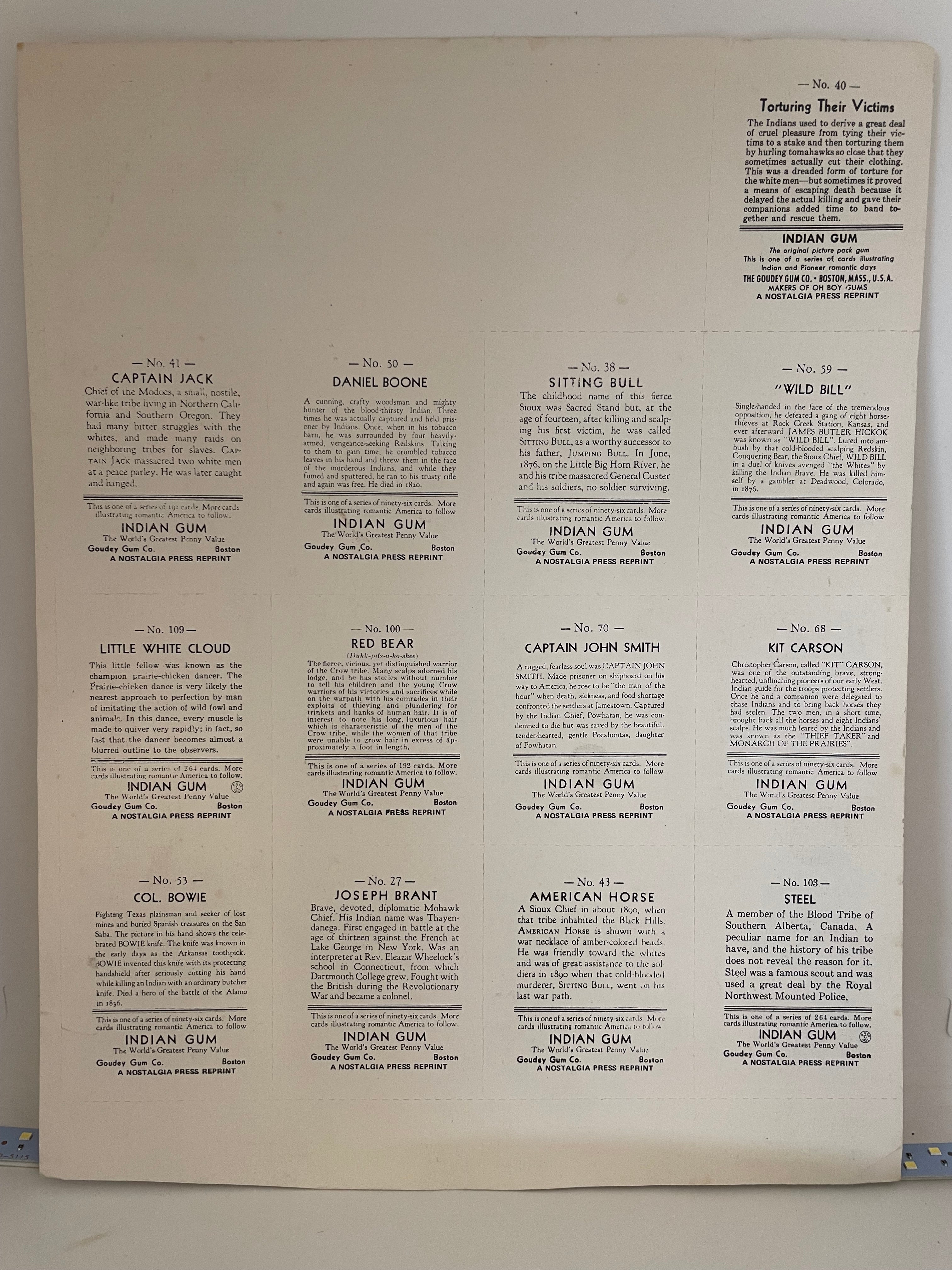 1933 Indian Chewing Gum Trading Cards (Full Sheet))